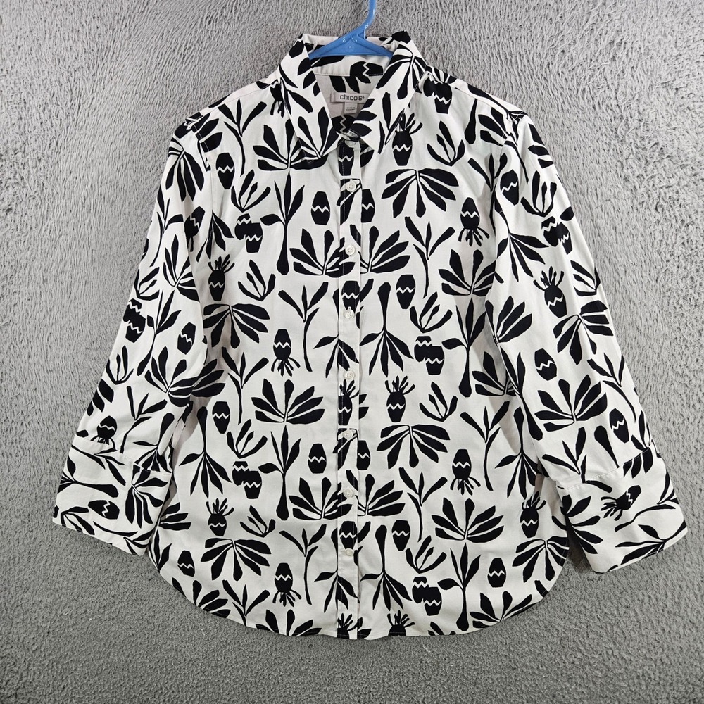 Chicos Black White Botanical Print Button Down Shirt Size 1 US 8 Cotton Blend